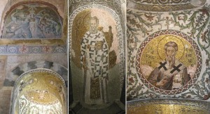 Fethiye Camii - Parecclesion: side nave: (left) mosaics portraying the Baptism of Christ and several saints; (centre) St. Gregory of Nasanzius; (right) St. Gregory from Armenia