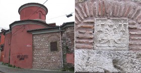 St. Mary of the Mongols; (right) relief on its gate showing the heraldic symbol of the Palaeologos