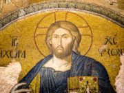 The Deisis, Supplication, Mother of God. Christ pantocrator. Mosaic in Cora Church