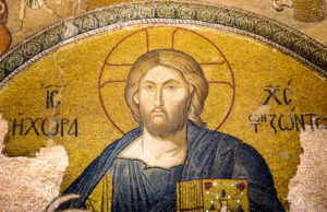The Deisis, Supplication, Mother of God. Christ pantocrator. Mosaic in Cora Church